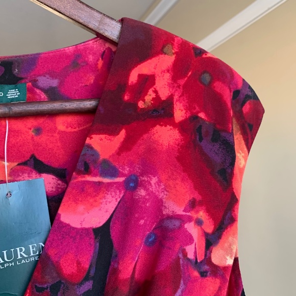 Lauren Ralph Lauren Opera Red Floral Ruched Dress Sz.10 V- neck Cross Over Knit - Picture 13 of 15